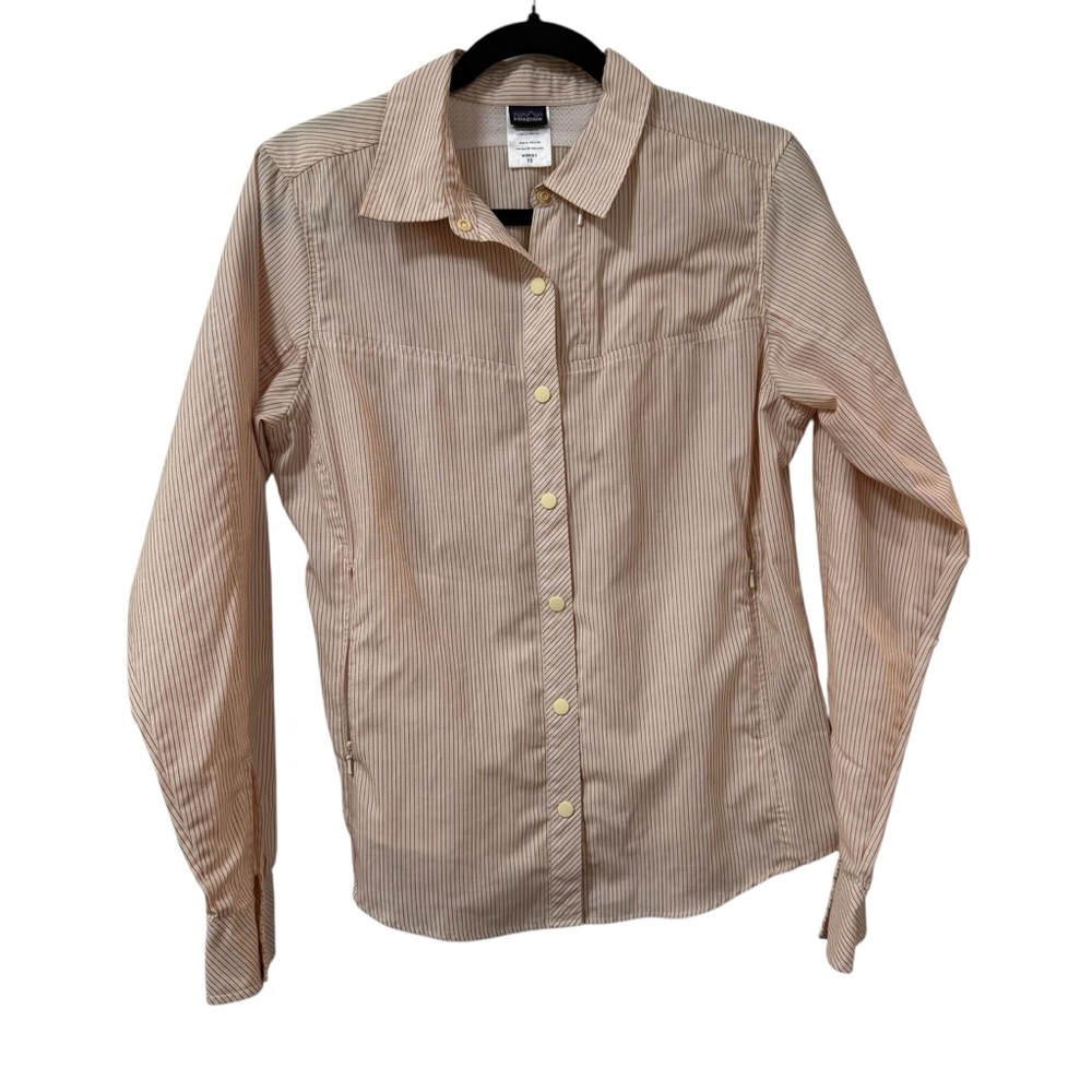 Patagonia Women's striped button down shirt orange white size 10 travel